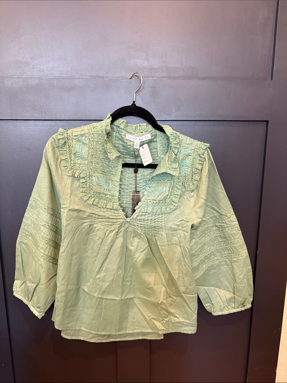 722. Secret Mission Mint Green Embroidered Cotton Peasant Blouse